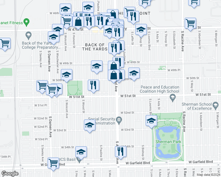 map of restaurants, bars, coffee shops, grocery stores, and more near 5033 South Marshfield Avenue in Chicago