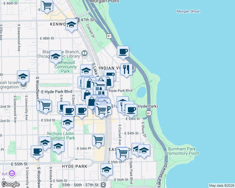 map of restaurants, bars, coffee shops, grocery stores, and more near 5114 South Cornell Avenue in Chicago