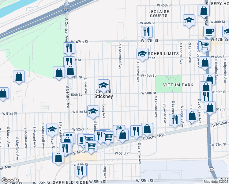 map of restaurants, bars, coffee shops, grocery stores, and more near 4955 South Lorel Avenue in Chicago