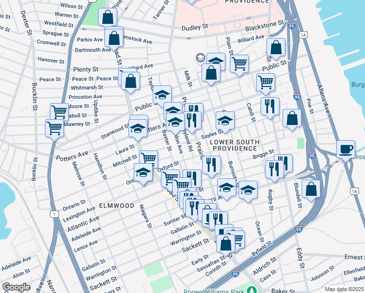 map of restaurants, bars, coffee shops, grocery stores, and more near 132 Gordon Avenue in Providence