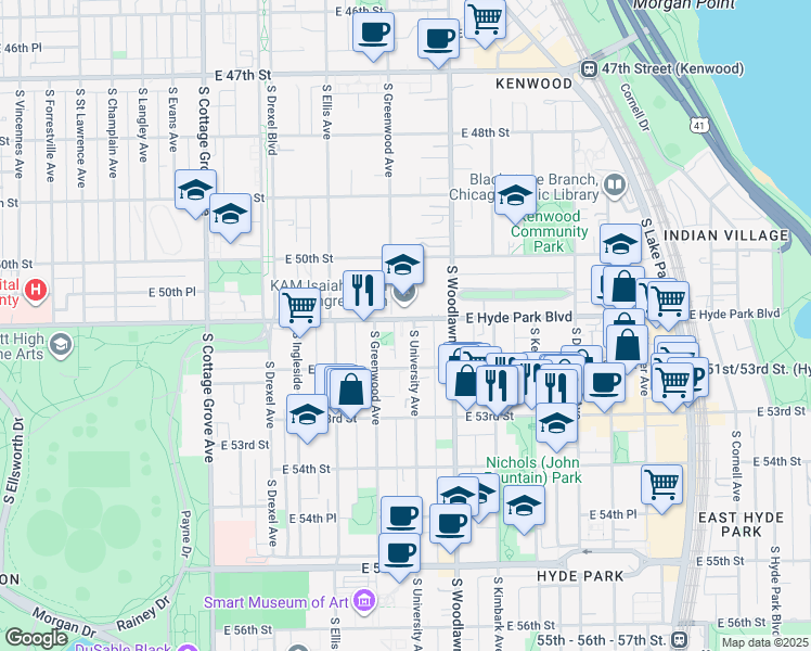 map of restaurants, bars, coffee shops, grocery stores, and more near 1123 East Hyde Park Boulevard in Chicago