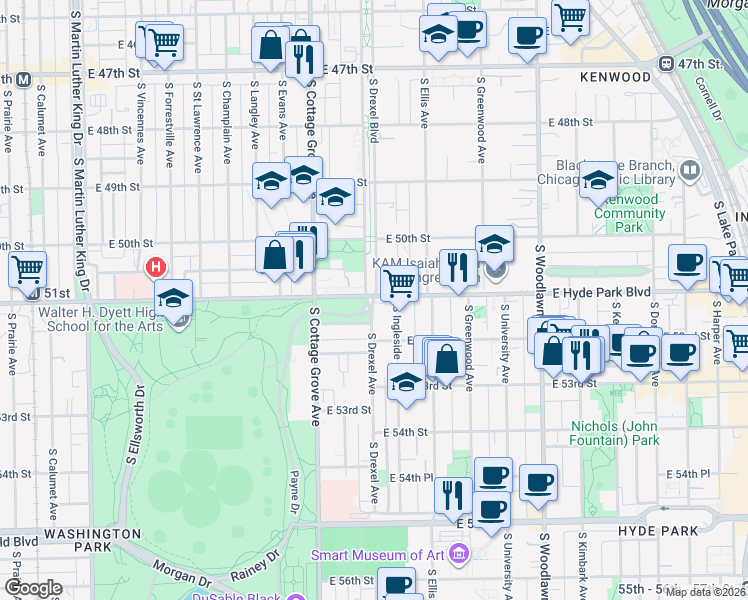 map of restaurants, bars, coffee shops, grocery stores, and more near 4901 South Drexel Avenue in Chicago