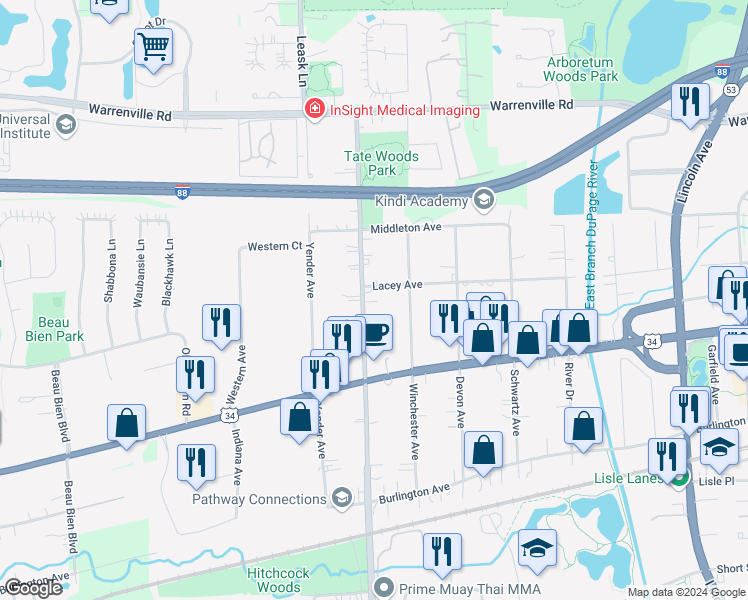 map of restaurants, bars, coffee shops, grocery stores, and more near 4605 Yackley Avenue in Lisle