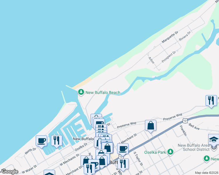 map of restaurants, bars, coffee shops, grocery stores, and more near 425 Marquette Drive in New Buffalo