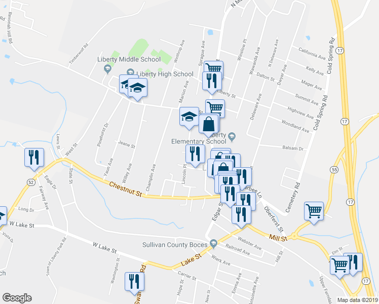 map of restaurants, bars, coffee shops, grocery stores, and more near 87 Lincoln Place in Liberty