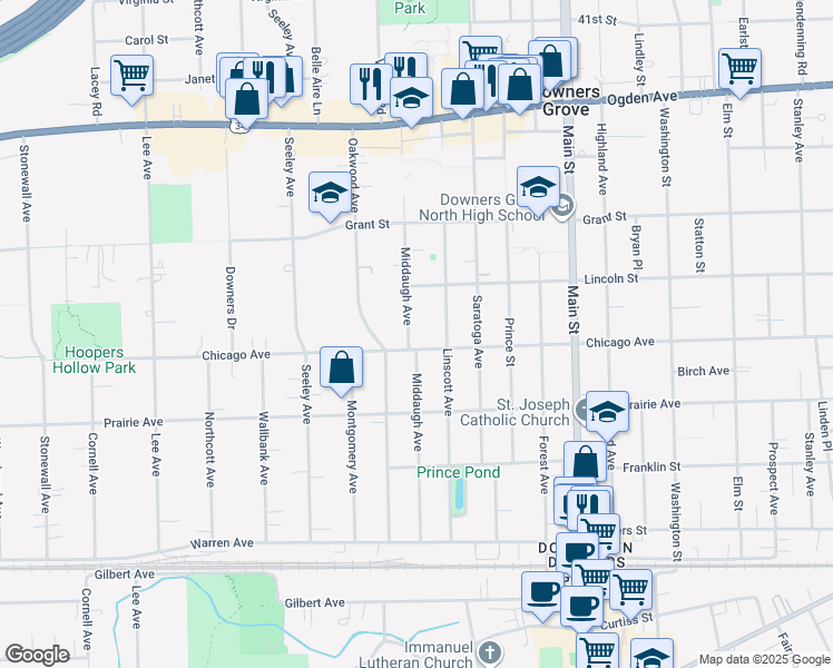 map of restaurants, bars, coffee shops, grocery stores, and more near 1240 Chicago Avenue in Downers Grove
