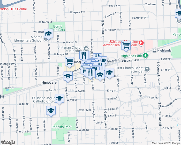 map of restaurants, bars, coffee shops, grocery stores, and more near 44 West Hinsdale Avenue in Hinsdale