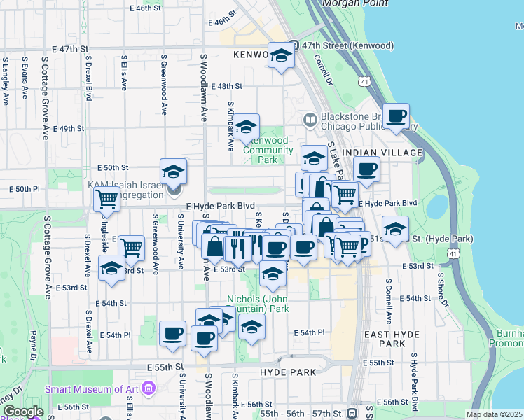 map of restaurants, bars, coffee shops, grocery stores, and more near 5110 South Kenwood Avenue in Chicago