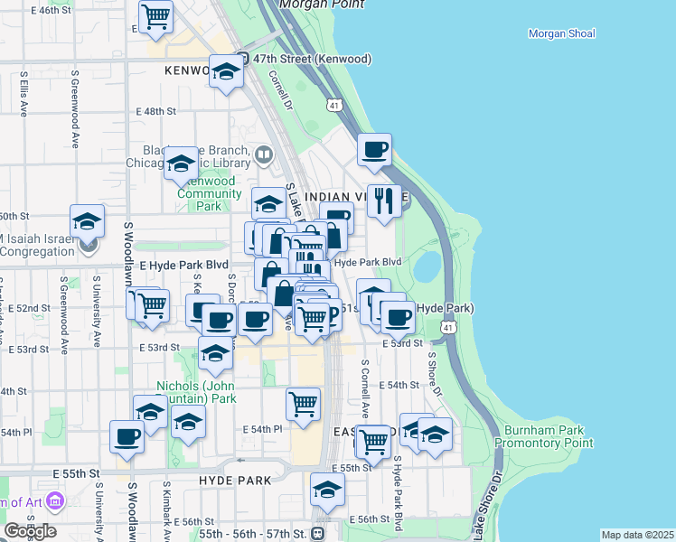 map of restaurants, bars, coffee shops, grocery stores, and more near 5114 South Cornell Avenue in Chicago