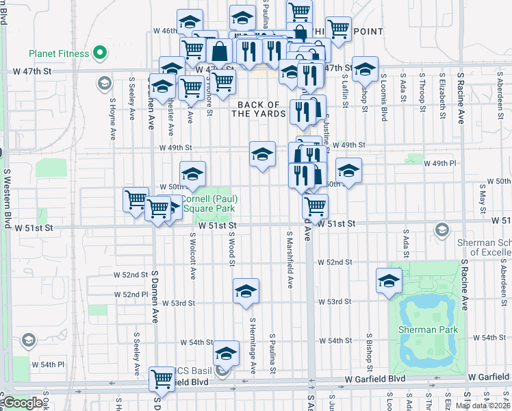 map of restaurants, bars, coffee shops, grocery stores, and more near 5031 South Hermitage Avenue in Chicago