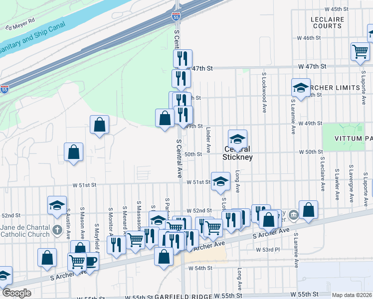 map of restaurants, bars, coffee shops, grocery stores, and more near 4957 South Central Avenue in Chicago
