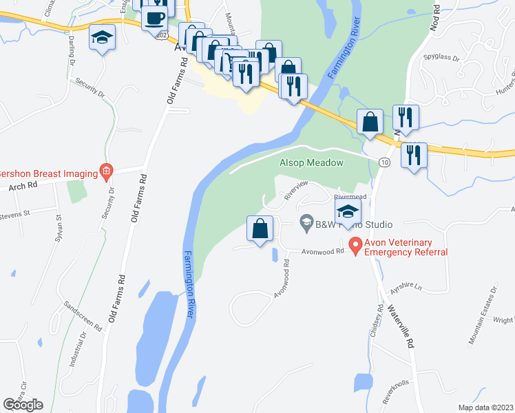map of restaurants, bars, coffee shops, grocery stores, and more near 39 Riverview in Avon