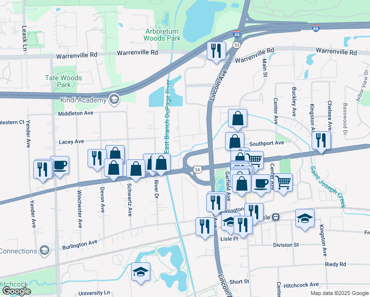map of restaurants, bars, coffee shops, grocery stores, and more near 4607 Dumoulin Avenue in Lisle