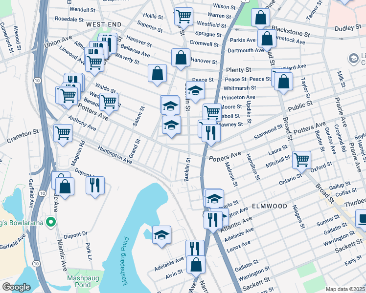 map of restaurants, bars, coffee shops, grocery stores, and more near 573 Potters Avenue in Providence