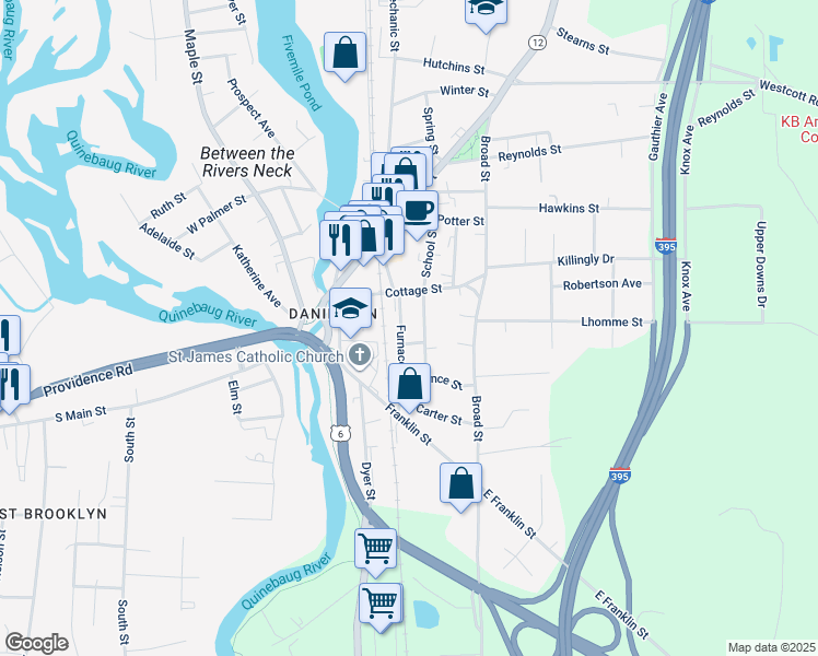 map of restaurants, bars, coffee shops, grocery stores, and more near 86 Furnace Street in Killingly
