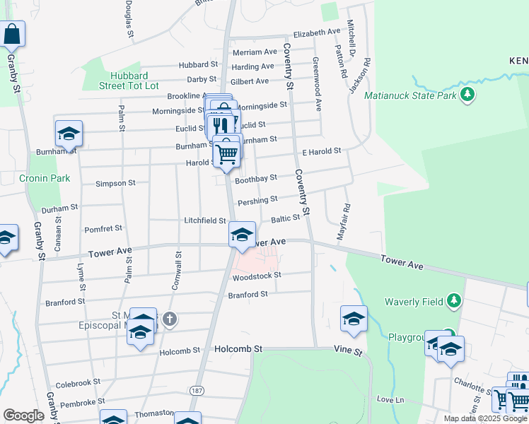 map of restaurants, bars, coffee shops, grocery stores, and more near 36 Lebanon Street in Hartford