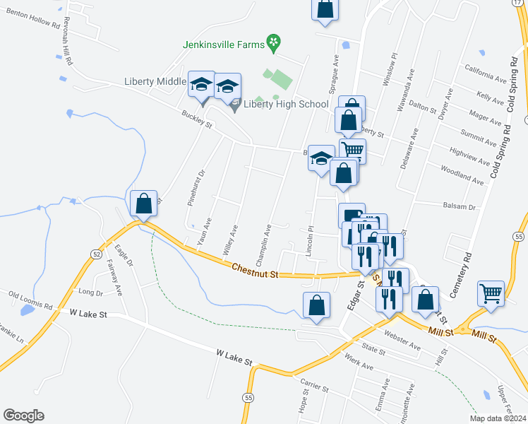 map of restaurants, bars, coffee shops, grocery stores, and more near 70 Champlin Avenue in Liberty