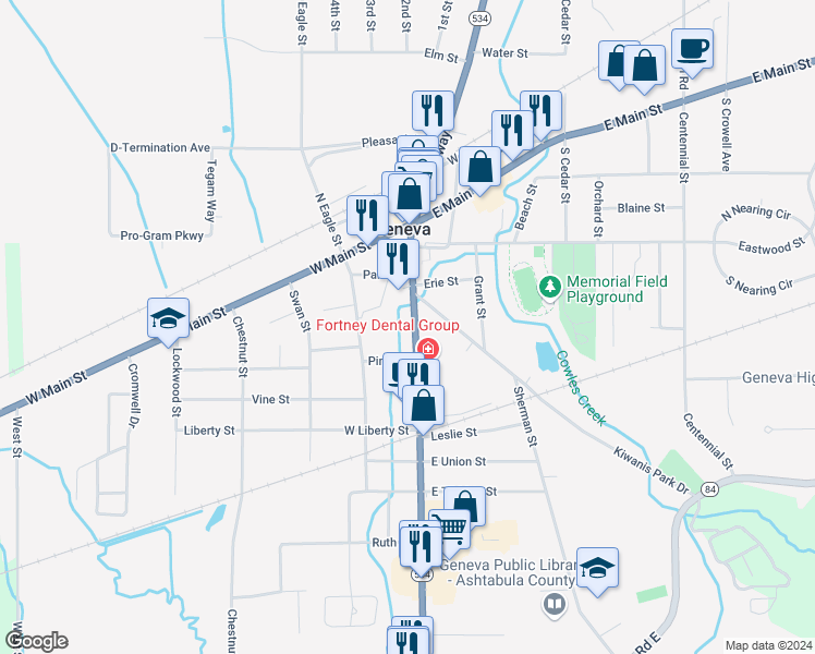 map of restaurants, bars, coffee shops, grocery stores, and more near 219 South Broadway in Geneva