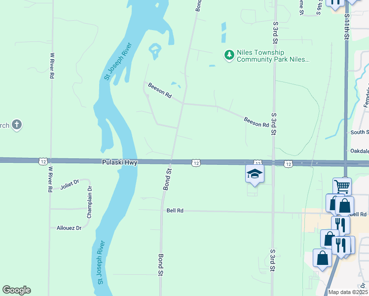 map of restaurants, bars, coffee shops, grocery stores, and more near 1711 Bond Street in Niles