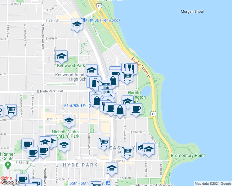 map of restaurants, bars, coffee shops, grocery stores, and more near 5114 South Cornell Avenue in Chicago