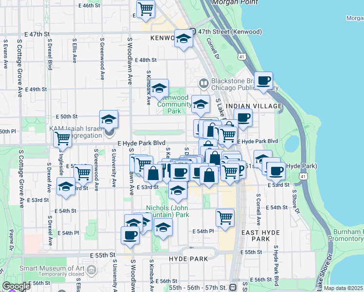 map of restaurants, bars, coffee shops, grocery stores, and more near 1369 East Hyde Park Boulevard in Chicago