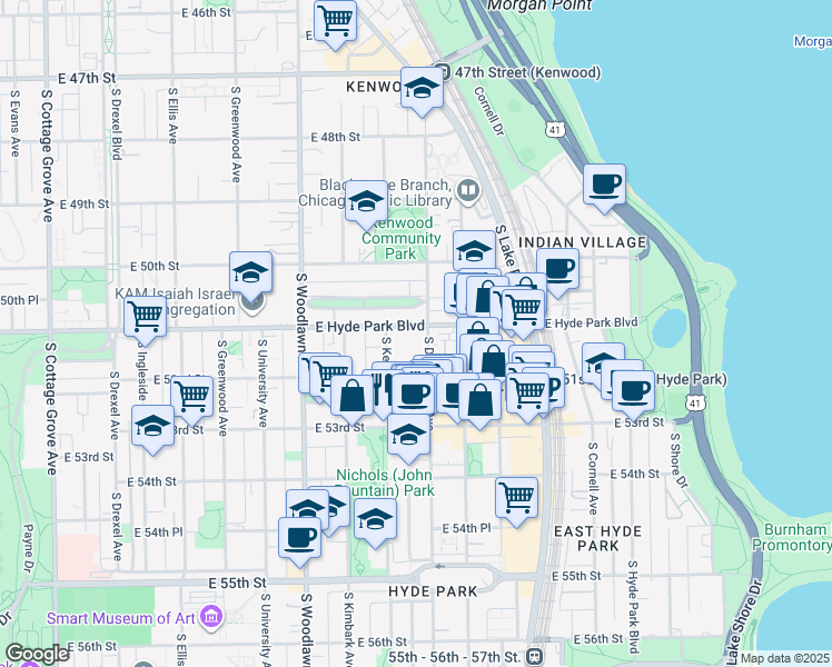 map of restaurants, bars, coffee shops, grocery stores, and more near 5112 South Dorchester Avenue in Chicago