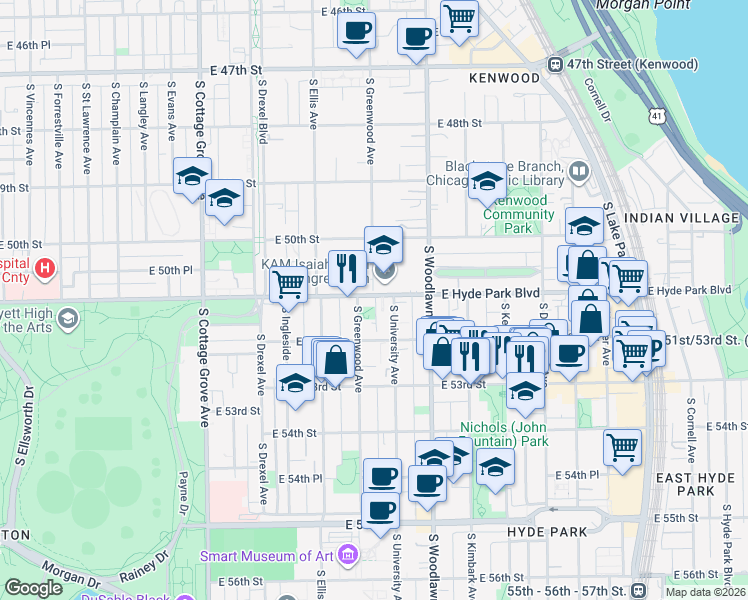 map of restaurants, bars, coffee shops, grocery stores, and more near 1123 East Hyde Park Boulevard in Chicago