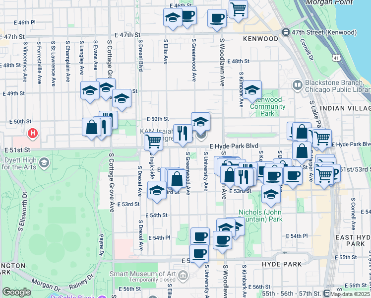 map of restaurants, bars, coffee shops, grocery stores, and more near 1031 East Hyde Park Boulevard in Chicago
