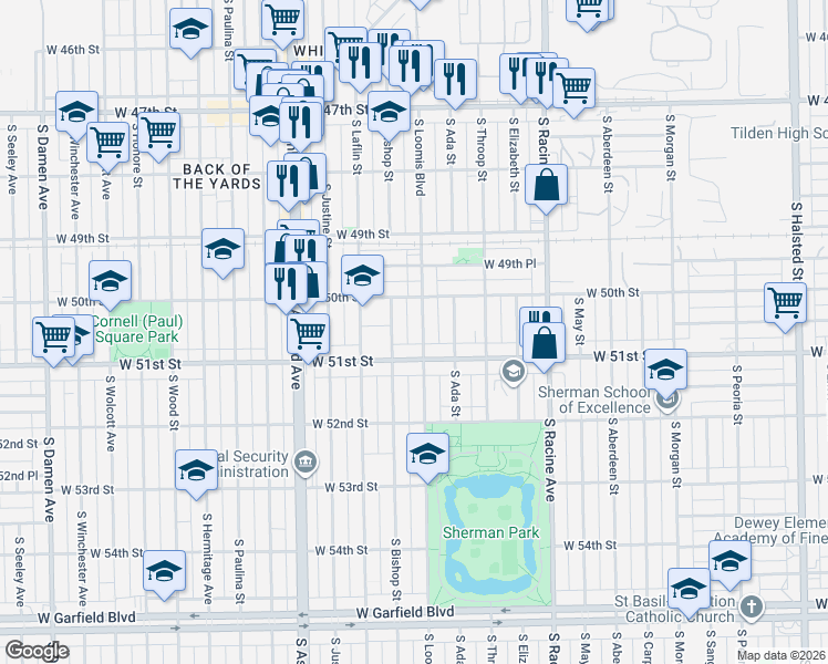 map of restaurants, bars, coffee shops, grocery stores, and more near 5036 South Loomis Boulevard in Chicago