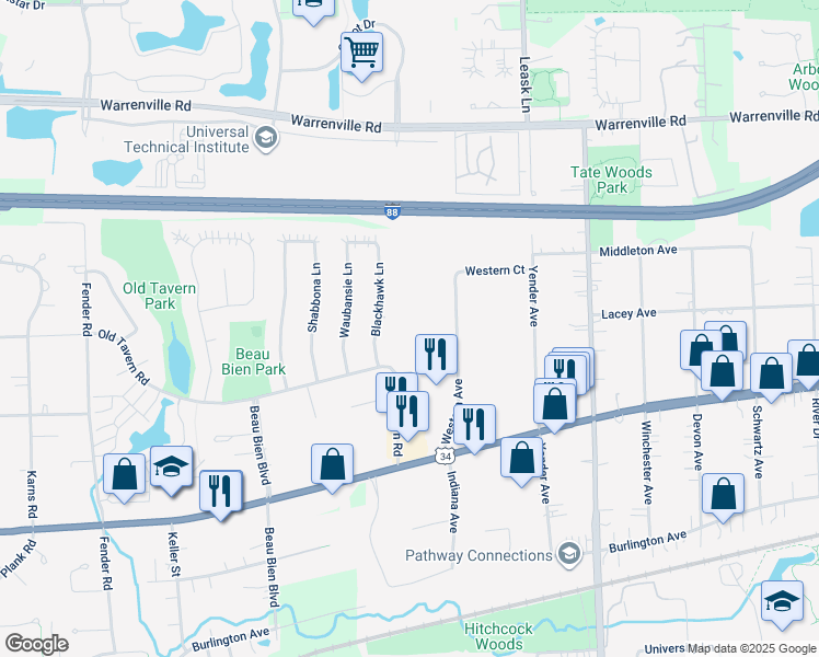 map of restaurants, bars, coffee shops, grocery stores, and more near 4518 Beau Monde Drive in Lisle