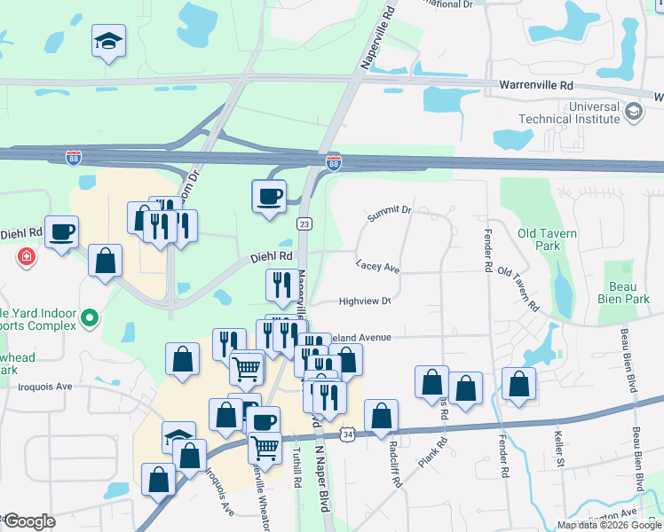 map of restaurants, bars, coffee shops, grocery stores, and more near 4S655 Old Naperville Road in Naperville