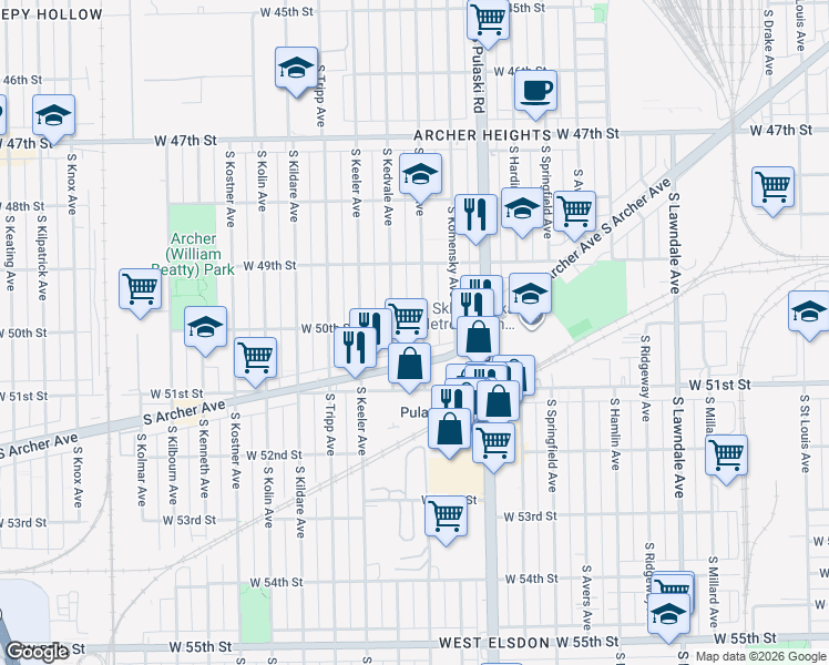 map of restaurants, bars, coffee shops, grocery stores, and more near 5000 South Karlov Avenue in Chicago