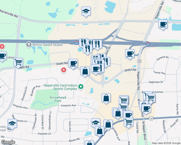 map of restaurants, bars, coffee shops, grocery stores, and more near 1155 East Diehl Road in Naperville