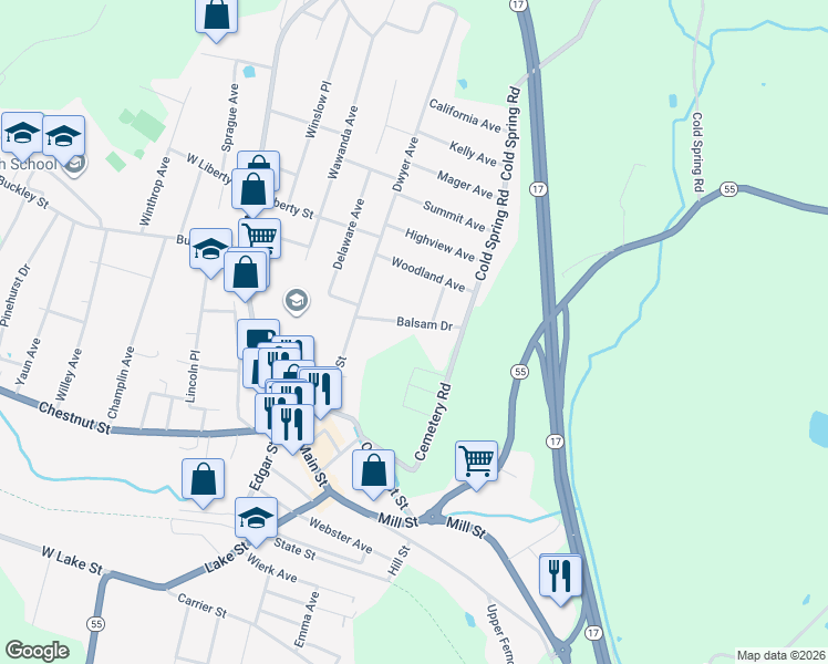 map of restaurants, bars, coffee shops, grocery stores, and more near 21 Balsam Dr in Liberty