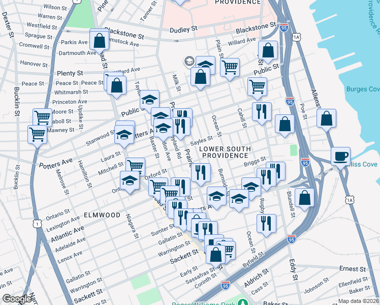 map of restaurants, bars, coffee shops, grocery stores, and more near 441 Prairie Avenue in Providence