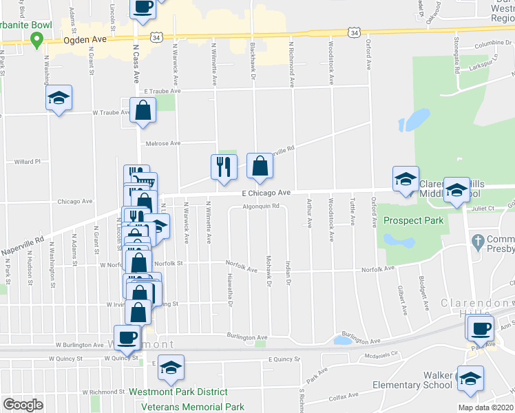 map of restaurants, bars, coffee shops, grocery stores, and more near Algonquin Rd & N Blackhawk Dr in Clarendon Hills