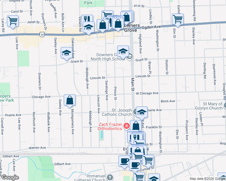 map of restaurants, bars, coffee shops, grocery stores, and more near 4636 Prince Street in Downers Grove