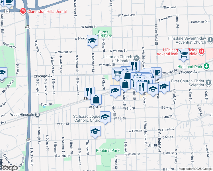 map of restaurants, bars, coffee shops, grocery stores, and more near 305-333 West Chestnut Street in Hinsdale