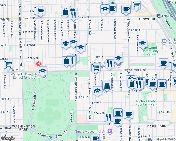 map of restaurants, bars, coffee shops, grocery stores, and more near 5300 South Drexel Boulevard in Chicago