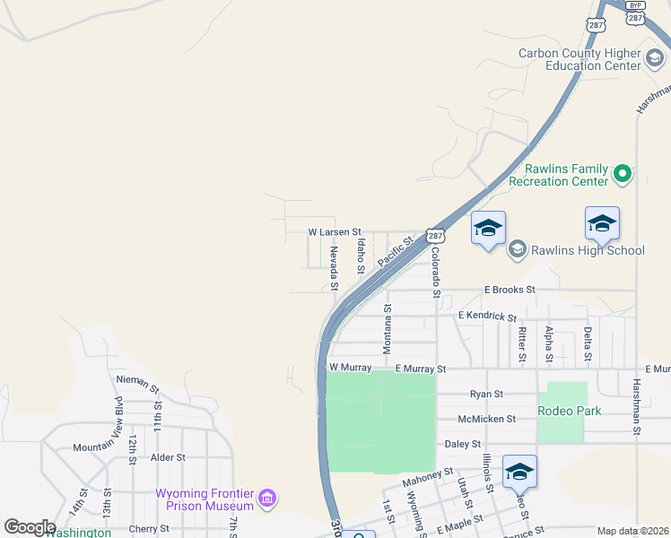 map of restaurants, bars, coffee shops, grocery stores, and more near 1517 Nevada Street in Rawlins
