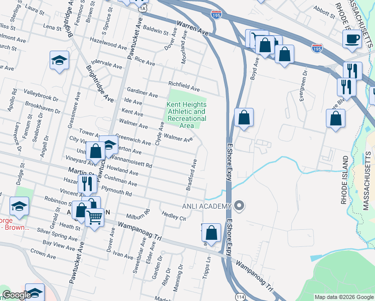map of restaurants, bars, coffee shops, grocery stores, and more near 123 Greenwich Avenue in East Providence
