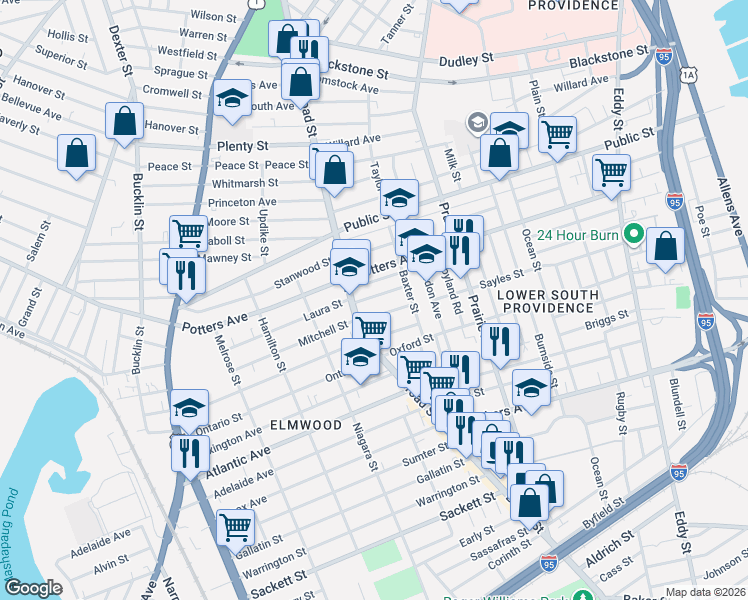 map of restaurants, bars, coffee shops, grocery stores, and more near 49 Lillian Avenue in Providence