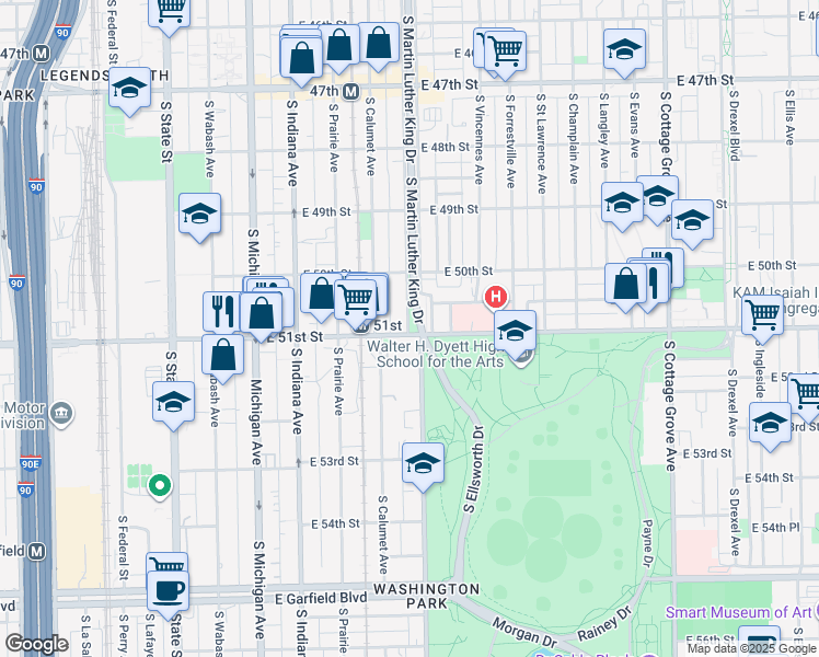 map of restaurants, bars, coffee shops, grocery stores, and more near 5100 South Evans Avenue in Chicago