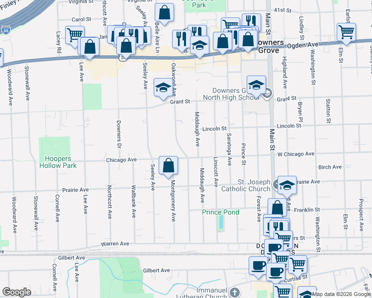 map of restaurants, bars, coffee shops, grocery stores, and more near 1400 Chicago Avenue in Downers Grove
