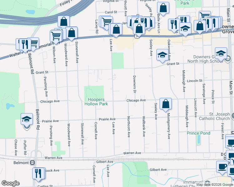 map of restaurants, bars, coffee shops, grocery stores, and more near 1752 Chicago Avenue in Downers Grove