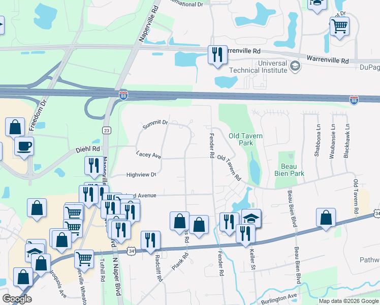 map of restaurants, bars, coffee shops, grocery stores, and more near 25W070 Lacey Avenue in Naperville