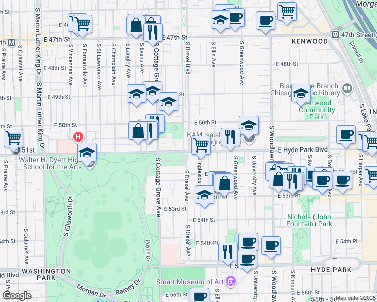 map of restaurants, bars, coffee shops, grocery stores, and more near 4526 South Drexel Avenue in Chicago