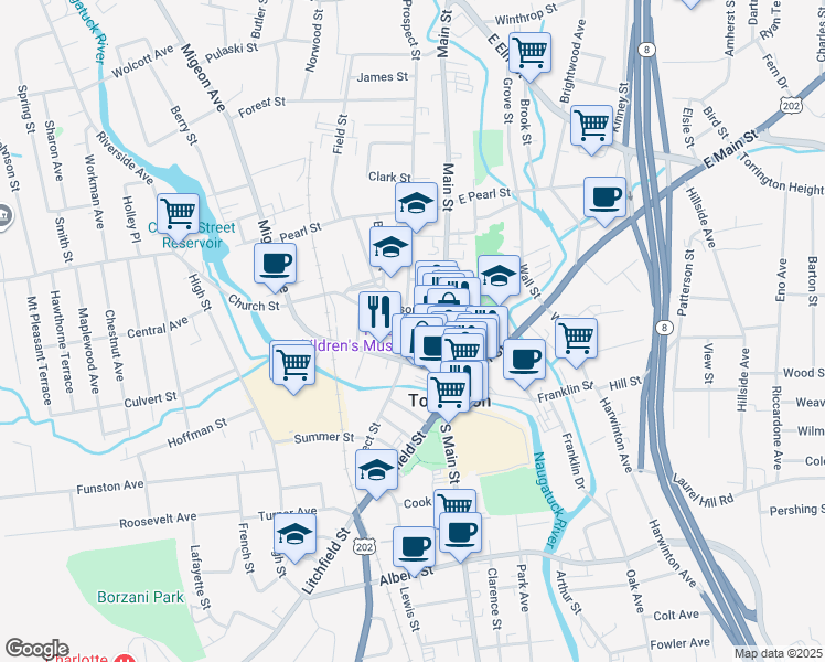 map of restaurants, bars, coffee shops, grocery stores, and more near 25 Maiden Lane in Torrington