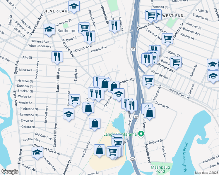 map of restaurants, bars, coffee shops, grocery stores, and more near in Cranston