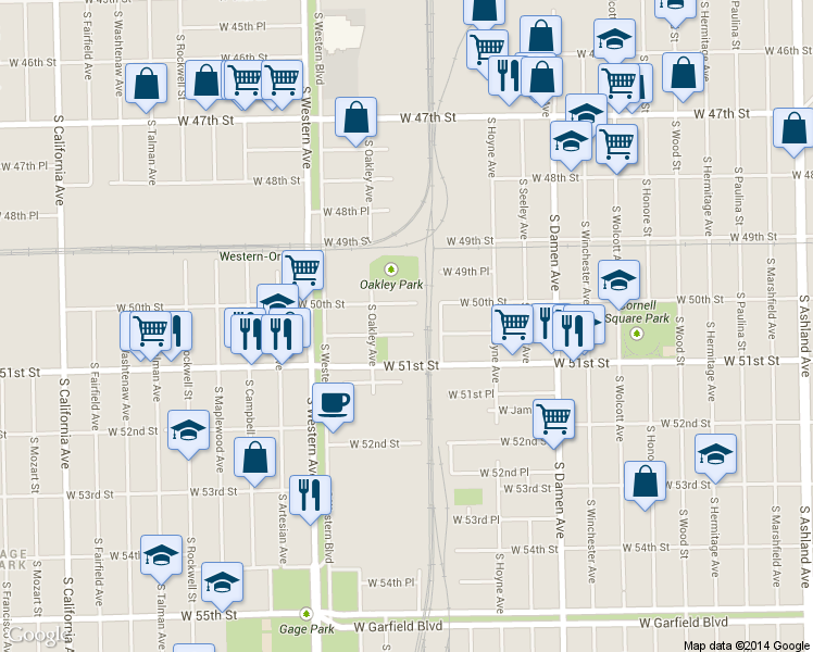 map of restaurants, bars, coffee shops, grocery stores, and more near 2222 W 50th Pl in Chicago